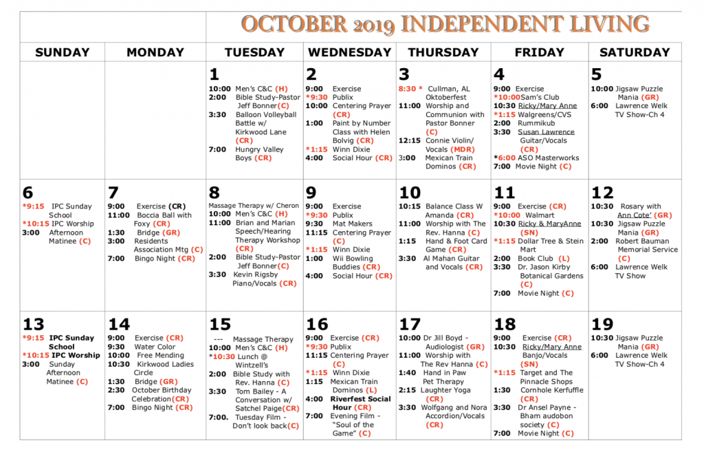Program Calendars for October Kirkwood