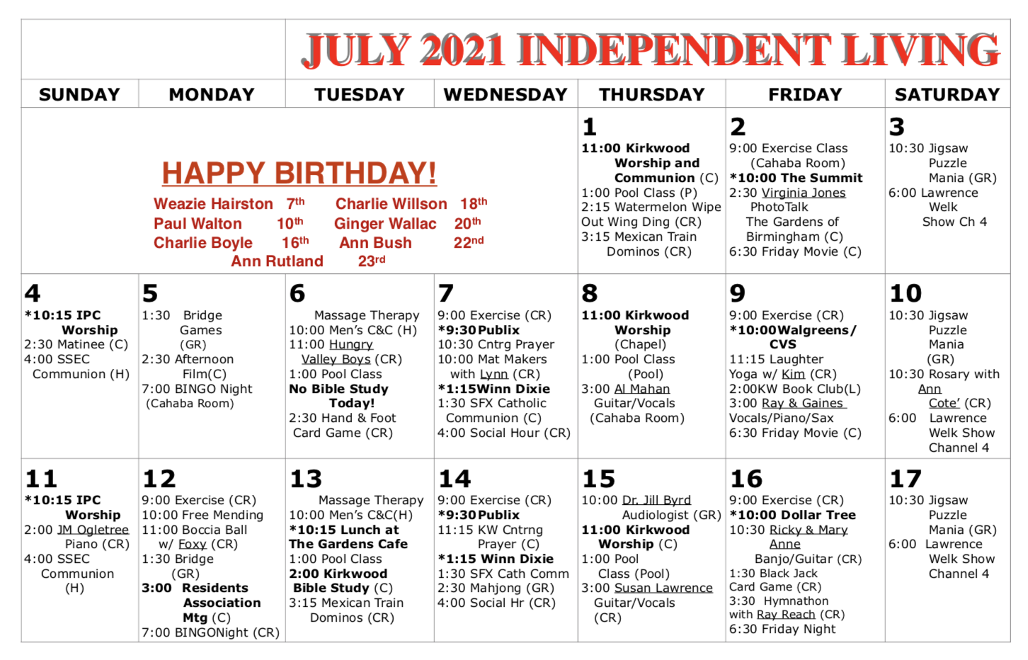 July Programs Calendars - Kirkwood